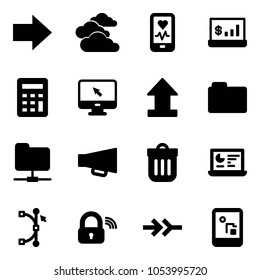 Solid vector icon set - right arrow vector, clouds, mobile heart monitor, account statistics, calculator, cursor, uplooad, folder, network, loudspeaker, trash bin, bezier, wireless lock, connect