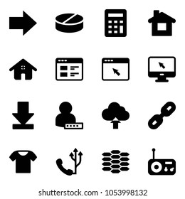 Solid vector icon set - right arrow vector, pill, calculator, home, website, cursor browser, monitor, download, user password, upload cloud, link, t shirt, phone, carbon, radio