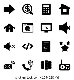 Solid vector icon set - right arrow vector, money click, calculator, home, browser globe, monitor cursor, low volume, off, tag code, document, stars, wireless mail, phone, carbon, radio