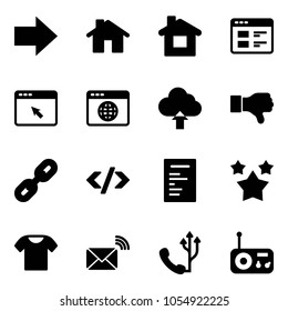 Solid vector icon set - right arrow vector, home, website, cursor browser, globe, upload cloud, dislike, link, tag code, document, stars, t shirt, wireless mail, phone, radio