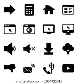 Solid vector icon set - right arrow vector, calculator, home, website, cursor browser, globe, monitor, low volume, off, download, upload cloud, dislike, wireless mail, phone, playback