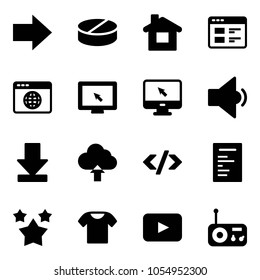 Solid vector icon set - right arrow vector, pill, home, website, browser globe, monitor cursor, low volume, download, upload cloud, tag code, document, stars, t shirt, playback, radio