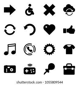 Solid vector icon set - right arrow vector, disabled, delete cross, refresh cloud, undo, heart, like, music, phone horn, sun, t shirt, photo, joystick wireless, oiler, tool box
