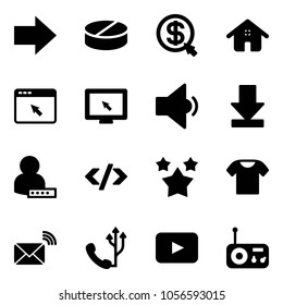 Solid vector icon set - right arrow vector, pill, money click, home, cursor browser, monitor, low volume, download, user password, tag code, stars, t shirt, wireless mail, phone, playback, radio