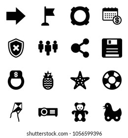 Solid vector icon set - right arrow vector, flag, currency, calendar, shield cross, group, share, save, finger ring, pineapple, starfish, lifebuoy, kite, projector, bear toy, duck