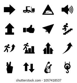 Solid vector icon set - right arrow vector, fork loader, climb road sign, volume max, uplooad, like, paper plane, career, arrows up, growth, victory, down, winch