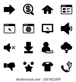 Solid vector icon set - right arrow vector, money click, home, website, cursor browser, globe, monitor, low volume, off, download, user password, upload cloud, dislike, stars, t shirt, phone