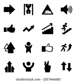 Solid Vector Icon Set - Right Arrow Vector, Pull Ups, Climb Road Sign, Volume Max, Growth, Career, Up, Success, Finger, Arrows, Victory, Down