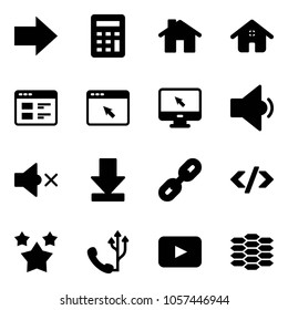 Solid vector icon set - right arrow vector, calculator, home, website, cursor browser, monitor, low volume, off, download, link, tag code, stars, phone, playback, carbon