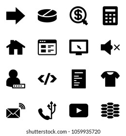 Solid vector icon set - right arrow vector, pill, money click, calculator, home, website, monitor cursor, volume off, user password, tag code, document, t shirt, wireless mail, phone, playback