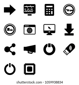 Solid vector icon set - right arrow vector, diagnostic monitor, calculator, no cart horse road sign, truck overtake, browser globe, cursor, download, share, loudspeaker, standby, usb wi fi, button