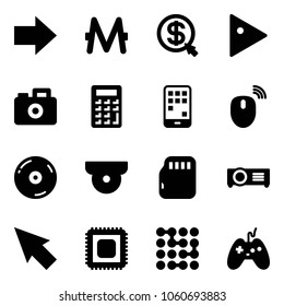 Solid vector icon set - right arrow vector, monero, money click, play, camera, calculator, mobile, mouse wireless, cd, surveillance, micro flash card, projector, cursor, cpu, circuit, joystick