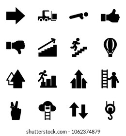 Solid vector icon set - right arrow vector, fork loader, push ups, like, dislike, growth, career, air balloon, up, arrows, opportunity, victory, cloud ladder, down, winch