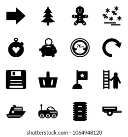 Solid vector icon set - right arrow vector, christmas tree, cake man, sale, stopwatch heart, piggy bank, limited distance road sign, redo, save, basket, flag, opportunity, cruiser, moon rover, chip