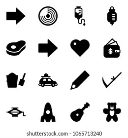 Solid vector icon set - right arrow vector, radar, drop counter, meat, heart, finance management, bucket scoop, car baggage, pencil, scythe, jack, rocket, guitar, bear toy
