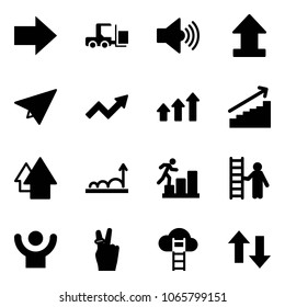 Solid vector icon set - right arrow vector, fork loader, volume max, uplooad, paper plane, growth, arrows up, career, opportunity, success, victory, cloud ladder, down