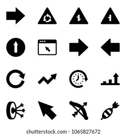 Solid vector icon set - right arrow vector, round motion road sign, intersection, only forward, cursor browser, left, reload, growth, clock around, solution, bow, dart