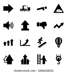 Solid vector icon set - right arrow vector, fork loader, push ups, climb road sign, volume max, uplooad, dislike, growth, arrows up, career, air balloon, opportunity, winch