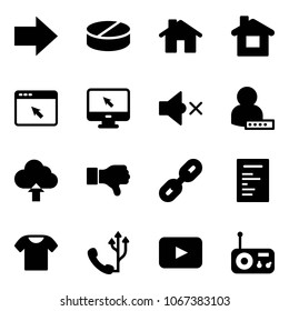 Solid vector icon set - right arrow vector, pill, home, cursor browser, monitor, volume off, user password, upload cloud, dislike, link, document, t shirt, phone, playback, radio