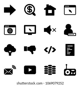 Solid vector icon set - right arrow vector, money click, home, cursor browser, globe, monitor, volume off, user password, upload cloud, dislike, tag code, document, wireless mail, playback, carbon