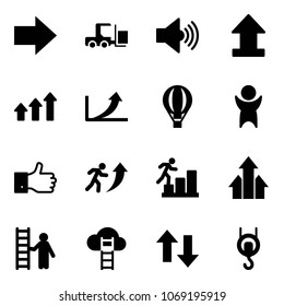 Solid vector icon set - right arrow vector, fork loader, volume max, uplooad, arrows up, growth, air balloon, success, finger, career, opportunity, cloud ladder, down, winch