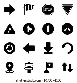 Solid vector icon set - right arrow vector, side wind, stop road sign, giving way, turn, only forward, detour, circle, left, download, undo, map pin, signpost, flag, up down arrows