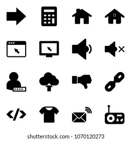 Solid vector icon set - right arrow vector, calculator, home, cursor browser, monitor, low volume, off, user password, upload cloud, dislike, link, tag code, t shirt, wireless mail, radio