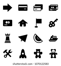 Solid vector icon set - right arrow vector, credit card, home, flag, key, chess tower, paper fly, watermelone, cruiser, wrench hammer, rocket, bear toy