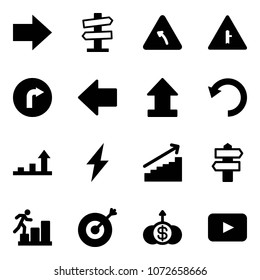 Solid vector icon set - right arrow vector, road signpost sign, turn left, intersection, only, uplooad, undo, growth, lightning, career, target, dollar, playback