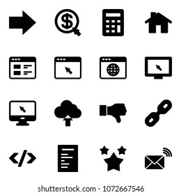 Solid vector icon set - right arrow vector, money click, calculator, home, website, cursor browser, globe, monitor, upload cloud, dislike, link, tag code, document, stars, wireless mail