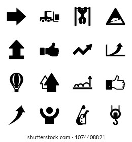 Solid vector icon set - right arrow vector, fork loader, pull ups, climb road sign, uplooad, like, growth, air balloon, up, finger, success, winch