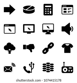 Solid vector icon set - right arrow vector, pill, calculator, website, cursor browser, monitor, low volume, upload cloud, dislike, link, t shirt, wireless mail, phone, carbon, radio