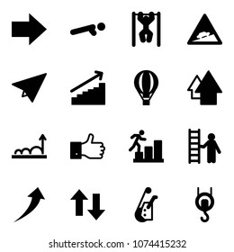 Solid vector icon set - right arrow vector, push ups, pull, climb road sign, paper plane, growth, air balloon, up, finger, career, opportunity, down arrows, winch