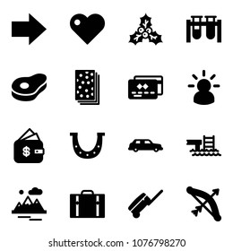 Solid vector icon set - right arrow vector, heart, holly, vial, meat, breads, credit card, idea, finance management, luck, limousine, pool, mountains, suitcase, bow