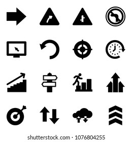 Solid vector icon set - right arrow vector, turn road sign, intersection, no left, monitor cursor, undo, target, clock around, growth, signpost, career, arrows up, down, cloud exchange data, chevron