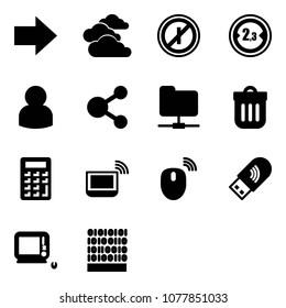 Solid vector icon set - right arrow vector, clouds, no parkin odd, limited width road sign, user, share, network folder, trash bin, calculator, notebook wi fi, mouse wireless, usb, monoblock pc