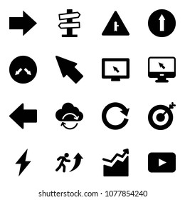 Solid Vector Icon Set - Right Arrow Vector, Road Signpost Sign, Intersection, Only Forward, Detour, Cursor, Monitor, Left, Refresh Cloud, Reload, Target, Lightning, Career, Growth, Playback