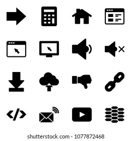 Solid vector icon set - right arrow vector, calculator, home, website, cursor browser, monitor, low volume, off, download, upload cloud, dislike, link, tag code, wireless mail, playback, carbon