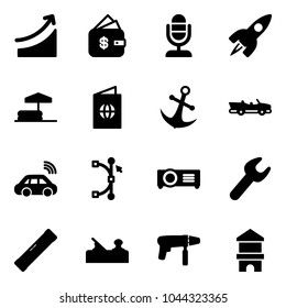 Solid vector icon set - rise vector, finance management, microphone, rocket, inflatable pool, passport, anchor, cabrio, car wireless, bezier, projector, wrench, level, jointer, drill machine
