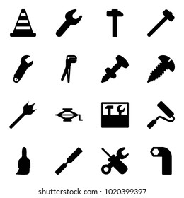 Solid vector icon set - road cone vector, wrench, hammer, sledgehammer, plumber, nail dowel, screw, wood drill, jack, tool box, paint roller, brush, rasp, screwdriver, allen key