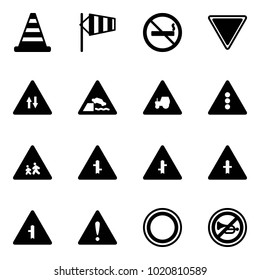 Solid vector icon set - road cone vector, side wind, no smoking sign, giving way, oncoming traffic, embankment, tractor, light, children, intersection, attention, prohibition, horn