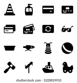 Solid vector icon set - road cone vector, liquid soap, credit card, exchange, sunglasses, basin, pipe welding, pyramid toy, ball, hammer, windmill, boat, duck