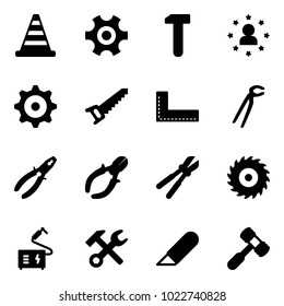 Solid vector icon set - road cone vector, gear, work, star man, saw, corner ruler, plumber, pliers, side cutters, bolt cutter, disk, welding, wrench hammer, knife, toy