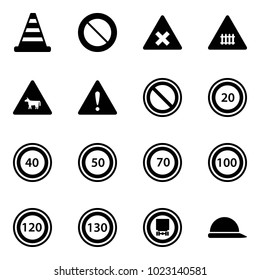 Solid vector icon set - road cone vector, prohibition sign, railway intersection, cow, attention, speed limit 20, 40, 50, 70, 100, 120, 130, no dangerous cargo, construction helmet