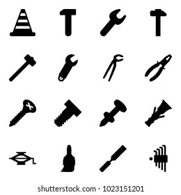 Solid vector icon set - road cone vector, work, wrench, hammer, sledgehammer, plumber, pliers, screw, bolt, nail dowel, jack, brush, rasp, allen key set