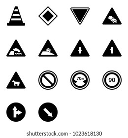 Solid vector icon set - road cone vector, main sign, giving way, multi lane traffic, embankment, steep roadside, intersection, cow, prohibition, limited distance, speed limit 90, only forward right
