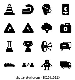 Solid vector icon set - road cone vector, mri, medical mask, mobile payment, turn right sign, left, upload cloud, camera, flask, cup, solution, dialog, limousine, information exchange, robot