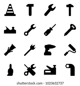 Solid vector icon set - road cone vector, work, wrench, hammer, jointer, screwdriver, screw, dowel, wood drill, paint roller, brush, stapler, allen key