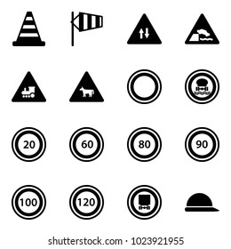 Solid vector icon set - road cone vector, side wind, oncoming traffic sign, embankment, railway intersection, cow, prohibition, no dangerous cargo, speed limit 20, 60, 80, 90, 100, 120