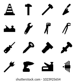 Solid vector icon set - road cone vector, hammer, sledgehammer, trowel, jointer, wrench, plumber, screwdriver, screw, bolt, nail dowel, wood drill, stapler, allen key set